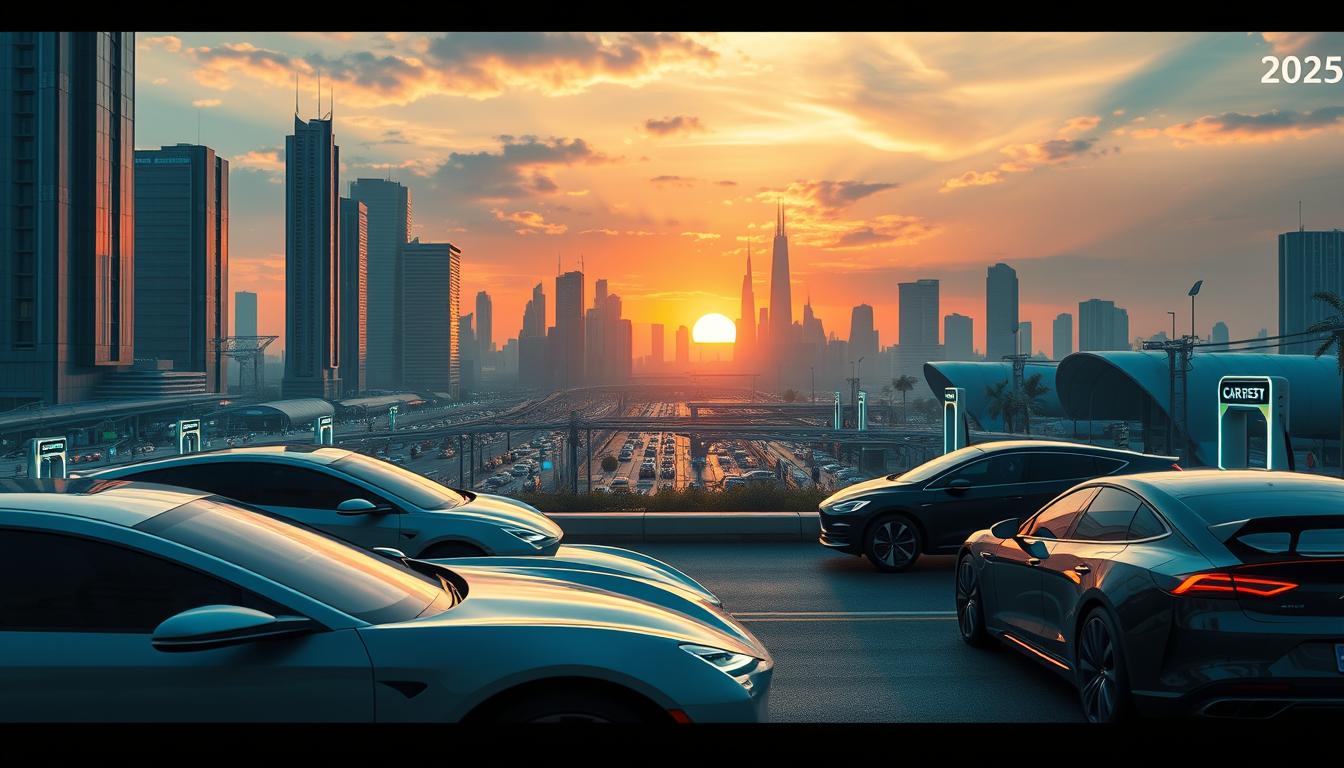 A dynamic automotive landscape in the year 2025, showcasing the "Car Nest" brand's vision for the future. In the foreground, sleek electric vehicles with advanced aerodynamic designs and bold, distinctive silhouettes command attention. The middle ground features a bustling urban setting, with towering skyscrapers and a network of efficient transportation systems, including autonomous vehicles and charging stations. In the background, a vibrant sunset paints the sky, creating a warm, futuristic ambiance. Lighting is dramatic, with a combination of natural and artificial sources illuminating the scene. The overall atmosphere conveys a sense of progress, innovation, and the seamless integration of technology into the automotive industry.
