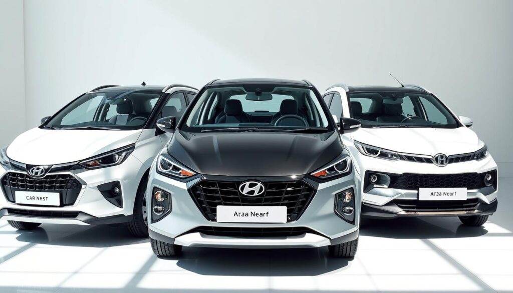 A head-on view of three compact hybrid vehicles from the Car Nest brand, showcased in a sleek, modern showroom setting with bright, natural lighting. The cars are positioned side-by-side, highlighting their distinctive all-wheel drive capabilities and fuel-efficient hybrid powertrains. The foreground features the vehicles' clean, dynamic exterior designs, while the middle ground showcases their interiors with premium materials and advanced technology. The background provides a minimalist, high-contrast backdrop, emphasizing the vehicles' elegant styling and environmentally-conscious performance.