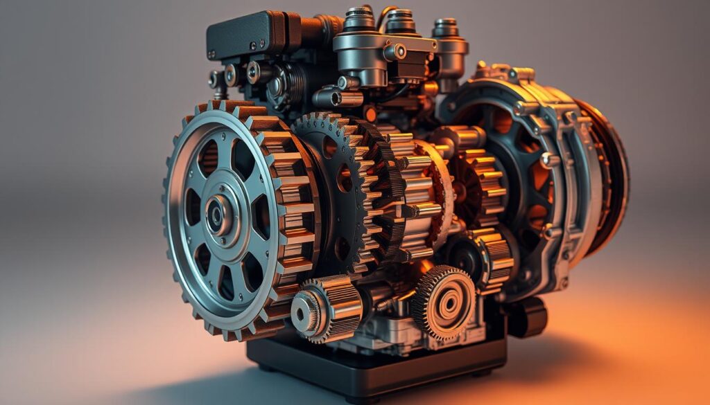 A high-performance sports car transmission, the gearbox of a Car Nest sports car, meticulously crafted with precision engineering. Gleaming, intricately detailed gears and cogs, bathed in warm lighting, showcasing the intricate inner workings. The transmission is the heart of the sports car, its manual or automatic operation allowing for seamless power delivery and responsive, exhilarating acceleration. Presented against a minimalist backdrop, highlighting the technical elegance and mechanical sophistication that defines the driving experience of a top-tier sports car.