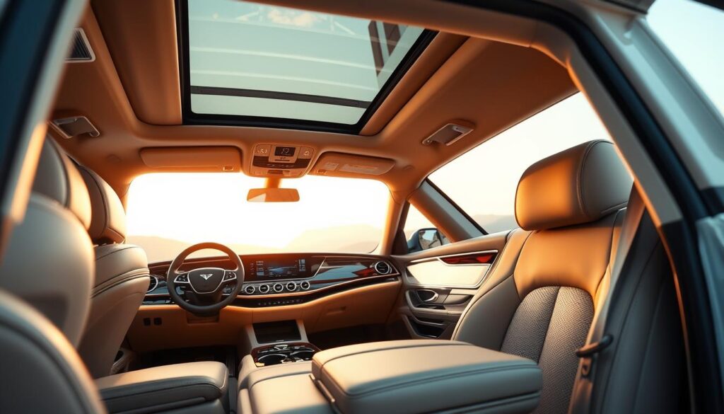 A luxurious interior of a "Car Nest" SUV, the epitome of comfort and refinement. The plush leather seats envelop the occupants in a cocoon of indulgence, while the meticulously crafted wood and chrome accents exude an aura of sophistication. Soft ambient lighting casts a warm glow, creating a serene and calming atmosphere. The dashboard showcases cutting-edge technology, seamlessly integrated to provide a seamless driving experience. The panoramic sunroof floods the cabin with natural light, heightening the sense of spaciousness and openness. This is the ultimate sanctuary for the discerning traveler, where every detail has been thoughtfully designed to deliver unparalleled luxury and comfort.