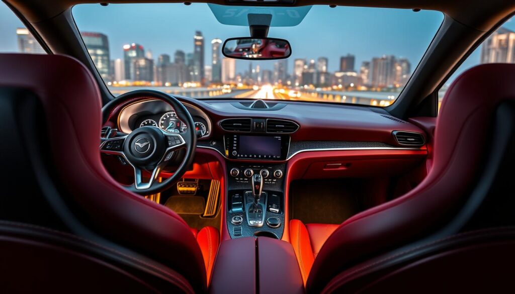 A luxurious sports car interior, the dashboard of a Car Nest model gleams with polished chrome and carbon fiber accents. Supple leather seats in a rich burgundy hue provide comfortable support, while the sporty steering wheel and sleek center console exude a sense of power and precision. Warm, ambient lighting casts a soft glow, creating an inviting and immersive driving experience. The view through the panoramic windshield reveals a dynamic cityscape, hinting at the thrill that awaits behind the wheel.