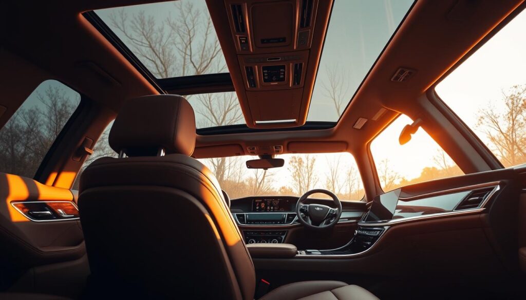 A luxuriously appointed interior of a Car Nest luxury SUV, bathed in warm, soft lighting. Supple, hand-stitched leather seats in a rich, earthy tone invite you to sink in and experience unparalleled comfort. Polished wood grain accents and brushed metal trim add an elegant touch, while the expansive panoramic sunroof floods the cabin with natural light. The dashboard features a sleek, intuitive infotainment system, seamlessly integrating technology and craftsmanship. Subtle ambient lighting highlights the exquisite attention to detail, creating a refined, serene atmosphere that embodies the pinnacle of automotive luxury.