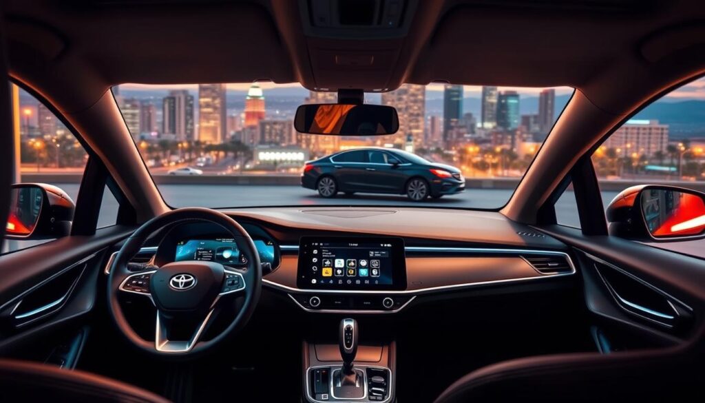 A modern, affordable sedan with sleek, minimalistic design. In the foreground, the dashboard displays a large, high-resolution touchscreen display showcasing the Car Nest's advanced infotainment system. The center console features intuitive touch-sensitive controls and a stylish gear shifter. The driver's seat is equipped with adjustable lumbar support and heated/cooled functions. In the middle ground, the exterior of the Car Nest sedan is visible, with distinctive LED headlights and taillights, and chrome accents that add a premium touch. The background depicts a scenic city landscape, with skyscrapers and a vibrant urban atmosphere, conveying a sense of modernity and technology-driven lifestyle. Warm, soft lighting creates a welcoming and sophisticated ambiance throughout the scene.