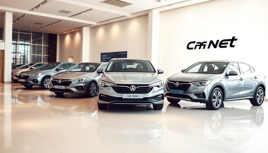 A modern, well-lit showroom with a range of affordable sedans from the Car Nest brand, showcasing their sleek designs, advanced features, and accessible pricing. The sedans are positioned in the foreground, with a clean, minimalist background highlighting their key details. The lighting creates a warm, inviting atmosphere, accentuating the vehicles' lines and colors. The camera angle provides a balanced, three-quarter view, allowing for a comprehensive look at the sedan models and their pricing tiers.