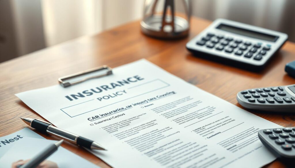 A serene, photorealistic scene depicting a car insurance policy document placed on a wooden desk, surrounded by a Car Nest car insurance product brochure, a pen, and a calculator. The lighting is soft and natural, creating a warm, contemplative atmosphere. The focus is on the policy document, highlighting the details and coverage options. The perspective is slightly elevated, providing a clear view of the desk and its contents. The background is blurred, emphasizing the importance of the insurance-related items on the desk.