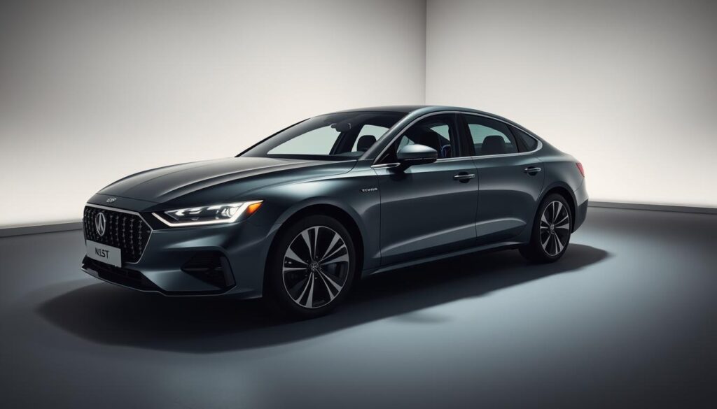 A sleek Car Nest sedan showcases its advanced tech features in a modern, minimalist setting. The car's front grille and headlights are highlighted by soft, directional lighting, casting dramatic shadows across the smooth, aerodynamic body. Inside the cabin, a high-resolution digital display and intuitive touch controls dominate the dashboard, while discreet ambient lighting adds a premium ambiance. The sedan's dynamic profile is captured from a low angle, emphasizing its sporty stance and the latest driver-assistance sensors seamlessly integrated into the design. The overall mood is one of sophisticated technology and accessible luxury, inviting the viewer to explore the sedan's capabilities within a reasonable budget.