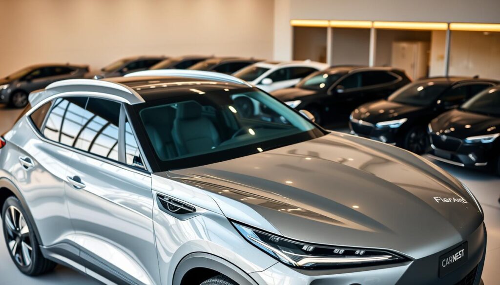 A sleek and sophisticated lineup of luxury hybrid and electric SUVs, showcased in a modern showroom setting. In the foreground, a Car Nest brand electric crossover with a glossy metallic finish and elegant design details. The midground features a range of other Car Nest models, each with unique styling and advanced powertrain technologies. The background is bathed in soft, warm lighting, creating a serene and sophisticated atmosphere that highlights the vehicles' high-end features and luxurious appeal. The scene exudes a sense of refinement, innovation, and environmental responsibility, perfectly suited to showcase the latest advancements in the luxury SUV market.