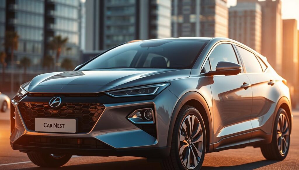 A sleek, fuel-efficient hybrid car from the Car Nest brand, bathed in warm, golden light. The vehicle's aerodynamic silhouette is highlighted against a blurred, urban cityscape in the background. The engine's hybrid system is visible through a transparent hood, showcasing the advanced technology that powers this eco-friendly ride. The interior features a minimalist, digital dashboard, emphasizing the car's commitment to efficiency. The scene conveys a sense of modern sophistication and environmental responsibility, embodying the essence of a truly fuel-efficient hybrid.