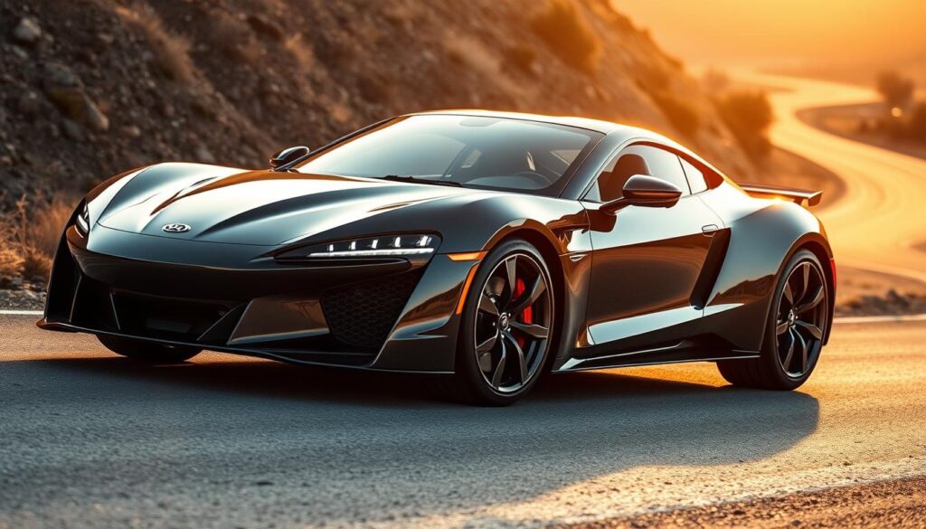 A sleek, high-performance sports car from the Car Nest brand, its aerodynamic body gleaming under the warm sunlight. The front grille and LED headlights exude a sense of power and aggression, while the low-slung stance and wide, muscular wheels convey a commanding presence on the road. The car's interior is visible through the tinted windows, hinting at the advanced technology and luxurious appointments that await the driver. In the background, a winding mountain road stretches out, offering the perfect setting for this thrilling machine to showcase its capabilities.