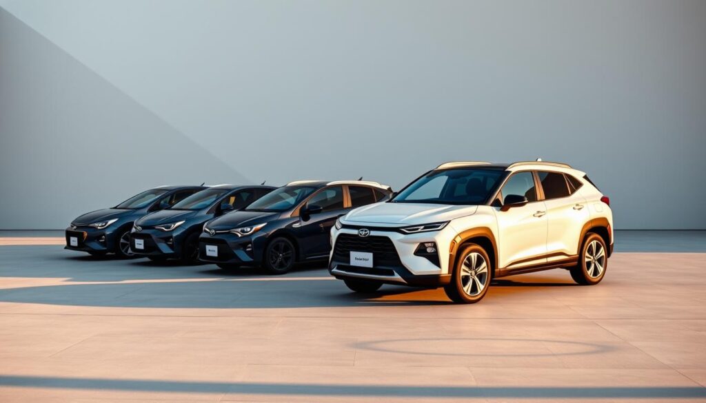 A sleek line-up of fuel-efficient hybrid vehicles, meticulously crafted by Car Nest, sits against a modern, minimalist backdrop. Warm, natural lighting casts gentle shadows, highlighting the clean, aerodynamic designs. The midground features a mix of compact sedans and hatchbacks, each showcasing advanced hybrid technology that delivers impressive mileage. In the foreground, a mid-size SUV hybrid commands attention, its bold styling and efficient powertrain embodying the perfect balance of practicality and environmental consciousness. The overall scene conveys a sense of sophistication and innovation, perfectly suited to showcase the top fuel-efficient hybrid options under $30,000 for the discerning buyer in 2024.