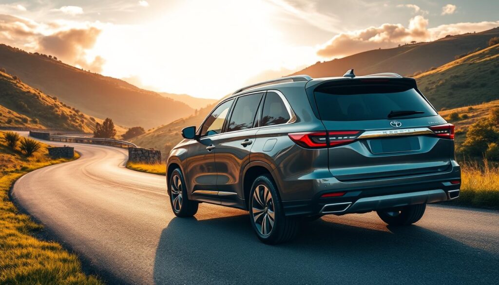 A sleek, luxurious Car Nest SUV parked on a winding country road, surrounded by lush, verdant hills. Warm, golden sunlight filters through wispy clouds, casting a soft, inviting glow on the vehicle's gleaming chrome accents and polished, metallic body. The SUV's interior is visible through the tinted windows, showcasing plush, leather-upholstered seats and a state-of-the-art dashboard. The scene conveys a sense of reliability, comfort, and adventure, perfectly capturing the essence of "luxury SUV reliability" and the ownership experience.