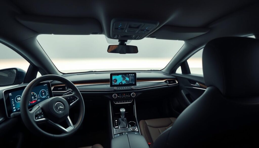 A sleek, modern Car Nest sedan with an array of cutting-edge tech features. In the foreground, a digital dashboard displays real-time navigation, infotainment controls, and driver assist interfaces. In the middle ground, ergonomic leather seats and a center console with wireless charging, touchscreen controls, and voice command capabilities. The background features a minimalist, well-lit interior with subtle ambient lighting, creating a sophisticated and high-tech atmosphere. The overall scene conveys the image of an affordable, technologically-advanced sedan that caters to the needs of the modern driver.