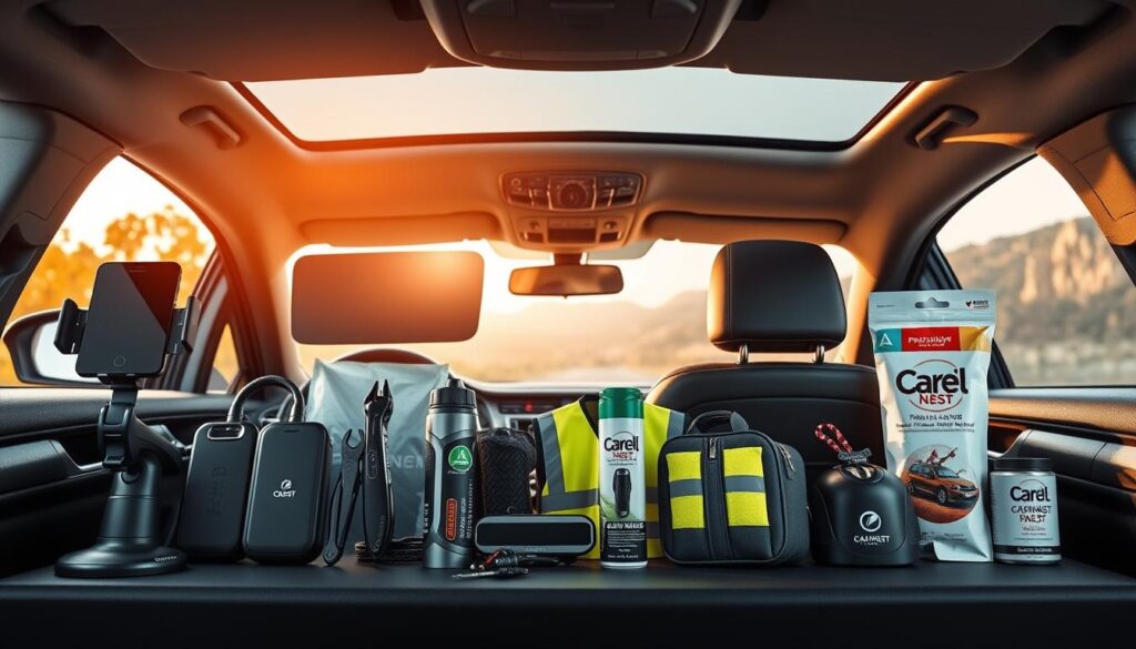 A sleek, modern, and well-organized display of essential car accessories, captured in a high-quality, high-resolution image. In the foreground, a neatly arranged collection of Car Nest brand must-have items, including a stylish phone mount, a high-powered portable charger, a versatile multitool, and a premium car seat cover. The middle ground features a selection of practical items like a windshield shade, a high-visibility safety vest, and a premium car air freshener. The background showcases a clean, minimalist automobile interior, bathed in warm, natural lighting that creates a sense of sophistication and practicality. The overall composition conveys the idea of a well-equipped, organized, and stylish driver's essential accessories.