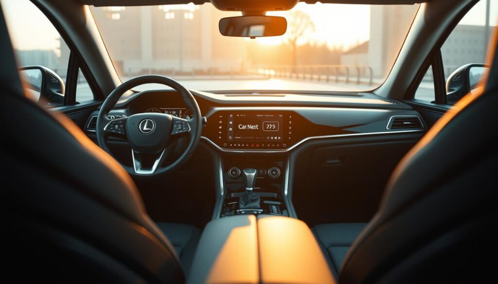 A sleek, modern luxury SUV with a cutting-edge dashboard display showcasing advanced technology features. The vehicle is bathed in soft, warm lighting, creating a sophisticated and inviting atmosphere. In the middle ground, the steering wheel and center console reveal intuitive touch controls and a high-resolution infotainment system bearing the "Car Nest" brand. The background is slightly blurred, placing the emphasis on the vehicle's state-of-the-art technology. The overall image conveys a sense of luxury, innovation, and the evolution of the modern SUV experience.