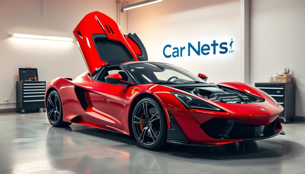 A sleek, red sports car parked in a modern, minimalist garage setting. The car's hood is open, revealing the intricate engine components, with a mechanic's toolbox nearby. Soft, warm lighting casts a subtle glow over the scene, highlighting the car's glossy finish and the precision of the maintenance work. In the background, a "Car Nest" brand logo is prominently displayed, indicating the high-quality service and expertise available for maintaining this top-tier sports car.