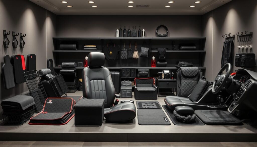 A well-curated display of Car Nest's finest automotive accessories, showcased in a sleek and modern setting. In the foreground, an array of meticulously designed floor mats, seat covers, and steering wheel covers in a variety of textures and colors. In the middle ground, a collection of practical storage solutions such as trunk organizers and car hooks, all neatly arranged. In the background, a subtle backdrop of minimalist shelving, creating a harmonious and visually appealing composition. The lighting is soft and diffused, highlighting the quality and attention to detail of the Car Nest brand. The overall atmosphere conveys a sense of sophistication and practicality, perfectly suited for the discerning driver.