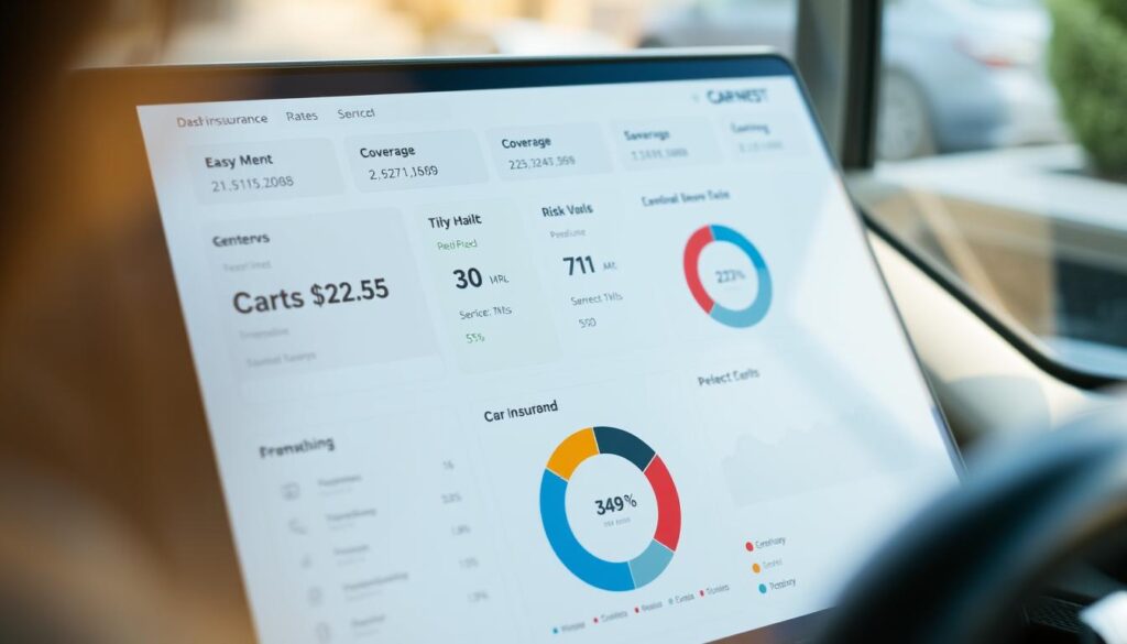 A well-lit, high-angle shot of a dashboard displaying various car insurance rate metrics, including premium costs, coverage options, and risk factors. The "Car Nest" brand logo is prominently featured in the top right corner. The dashboard is clean and modern, with easy-to-read infographics and clear data visualization. The background is slightly blurred, creating a sense of depth and focus on the insurance information. Soft, natural lighting casts a warm glow across the scene, conveying a sense of trust and reliability.
