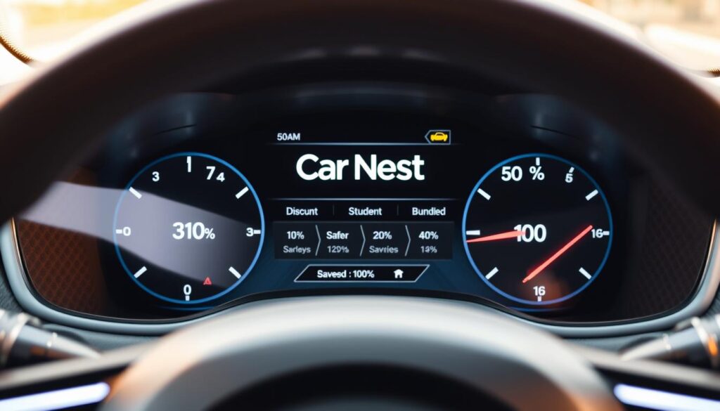 A well-lit, high-resolution image of a car dashboard with the Car Nest logo prominently displayed. The dashboard features various car insurance discount icons, such as safe driver, good student, and bundled policies. The foreground has a clean, minimalist design with a sleek, modern aesthetic. The middle ground showcases different discount percentages and savings amounts, while the background blurs into a soft, neutral color palette, creating a sense of focus on the key information. The lighting is warm and natural, with a slight reflection on the dashboard surfaces, adding depth and realism to the scene.