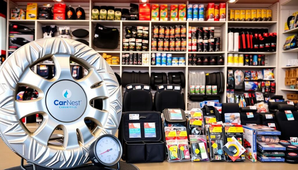 A well-lit showroom display showcasing a range of car accessories, including premium and budget-friendly options. In the foreground, a gleaming "Car Nest" branded wheel cover, tire pressure gauge, and dashboard organizer are neatly arranged. In the middle ground, a variety of car mats, seat covers, and air fresheners are displayed, with price tags visible. The background features shelves stocked with other Car Nest products, such as sunshades, phone holders, and cleaning supplies, creating a sense of depth and abundance. The overall scene conveys a professional, high-quality presentation of the diverse car accessory offerings, inviting the viewer to compare and contrast the various price points and features.