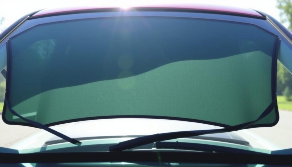 An image of a car parked under the sun with a sunshade on the windshield.