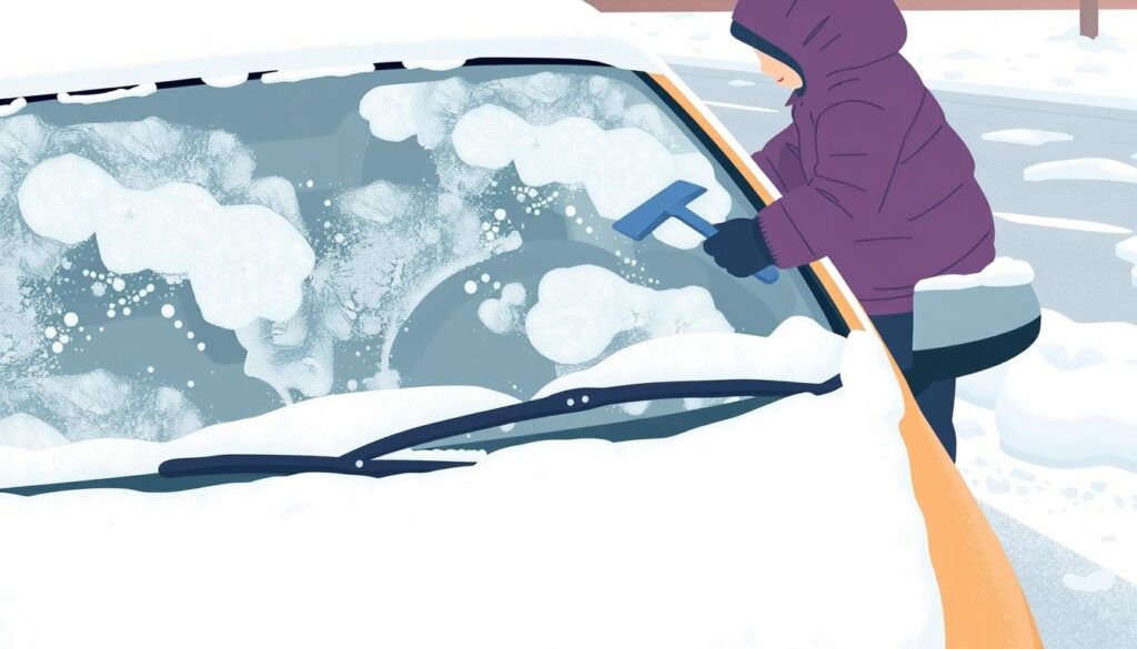 An image of a car with snow on it, and a person using an ice scraper.