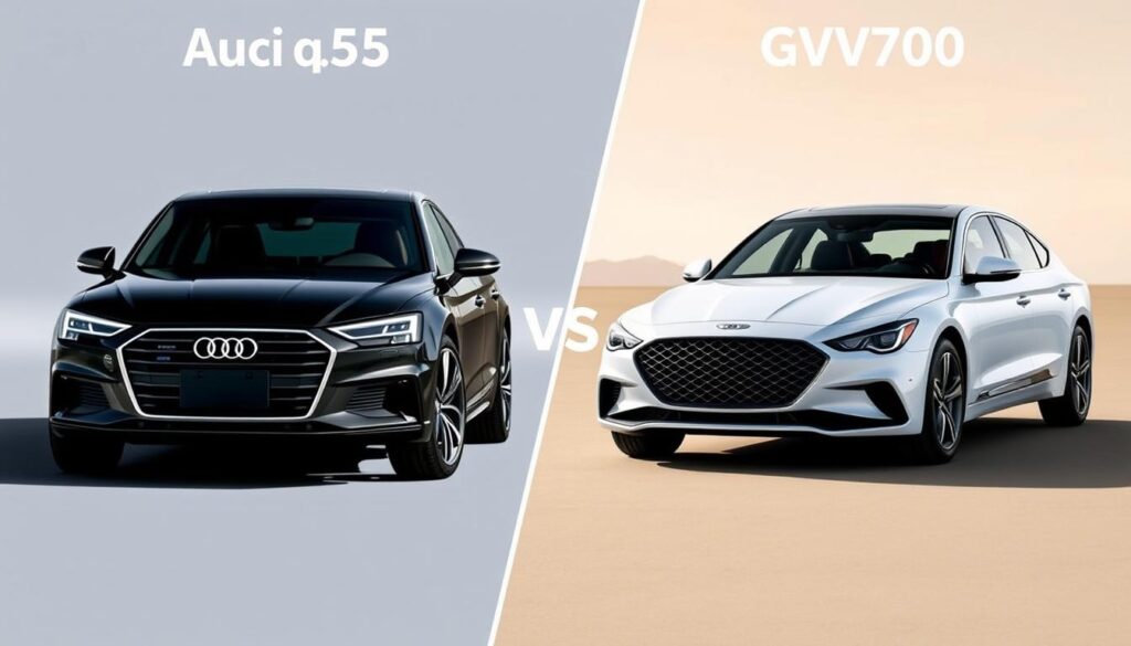 Generate an image comparing the Audi Q5 and Genesis GV70 side by side