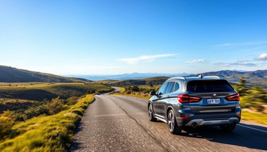 Generate an image of a BMW X1 driving on a scenic road
