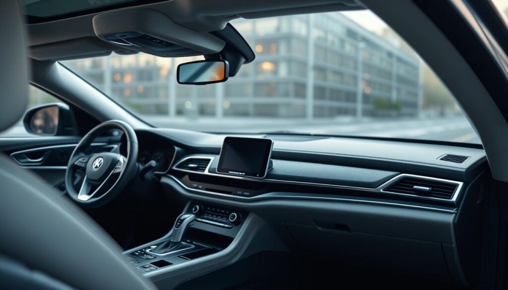 Generate an image of a Bluetooth hands-free kit installed in a car