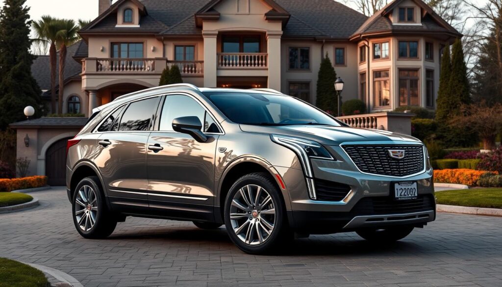 Generate an image of a Cadillac XT5 parked in a luxurious driveway