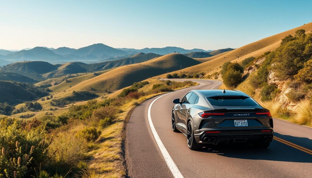 Generate an image of a Lamborghini Urus driving on a scenic road