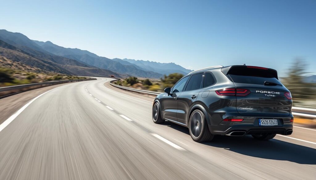 Generate an image of a Porsche Cayenne Turbo driving on a highway