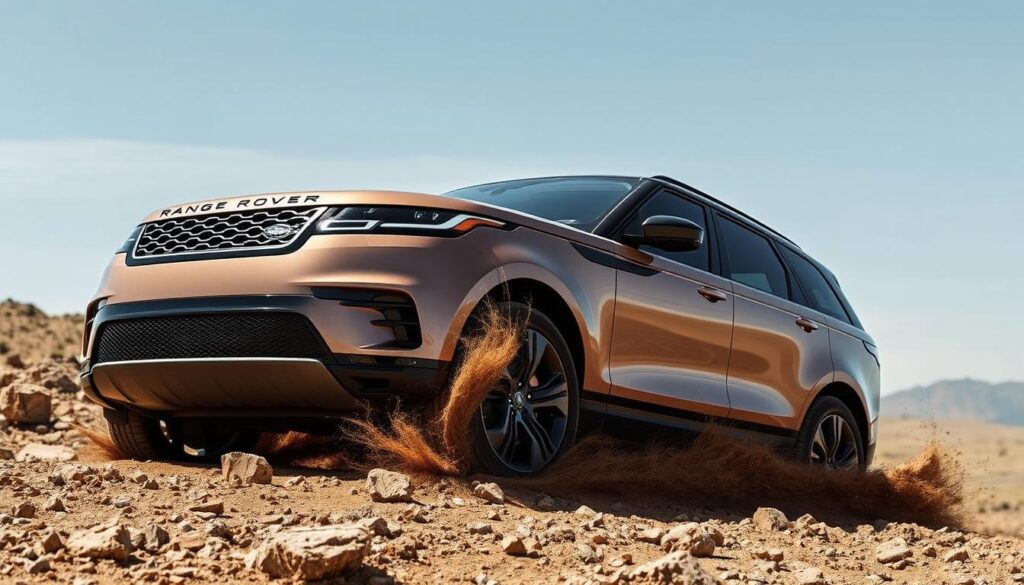 Generate an image of a Range Rover driving on a rugged terrain