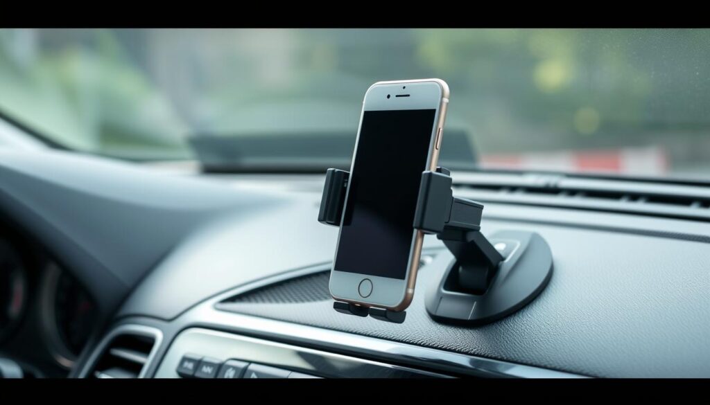 Generate an image of a car phone holder mounted on a car's dashboard, holding a smartphone.