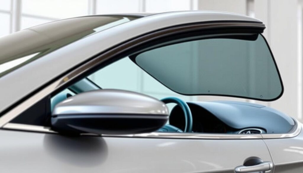 Generate an image of a car with sunshades and window visors installed.