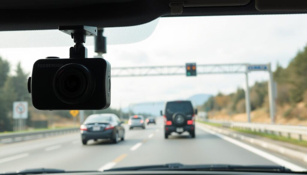 Generate an image of a dashcam installed on a car's windshield, capturing the road ahead.