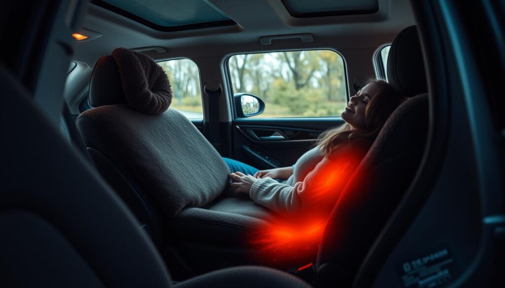 Generate an image of a person sitting comfortably in a car seat with heated seat covers.