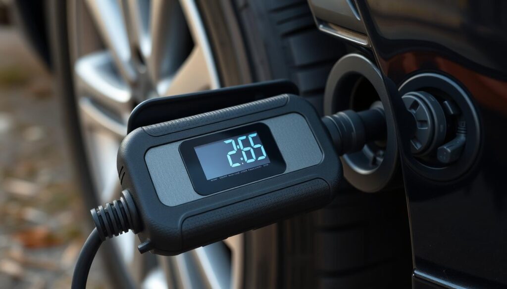 Generate an image of a portable tire inflator connected to a car's 12V outlet, with a digital display showing the tire pressure.