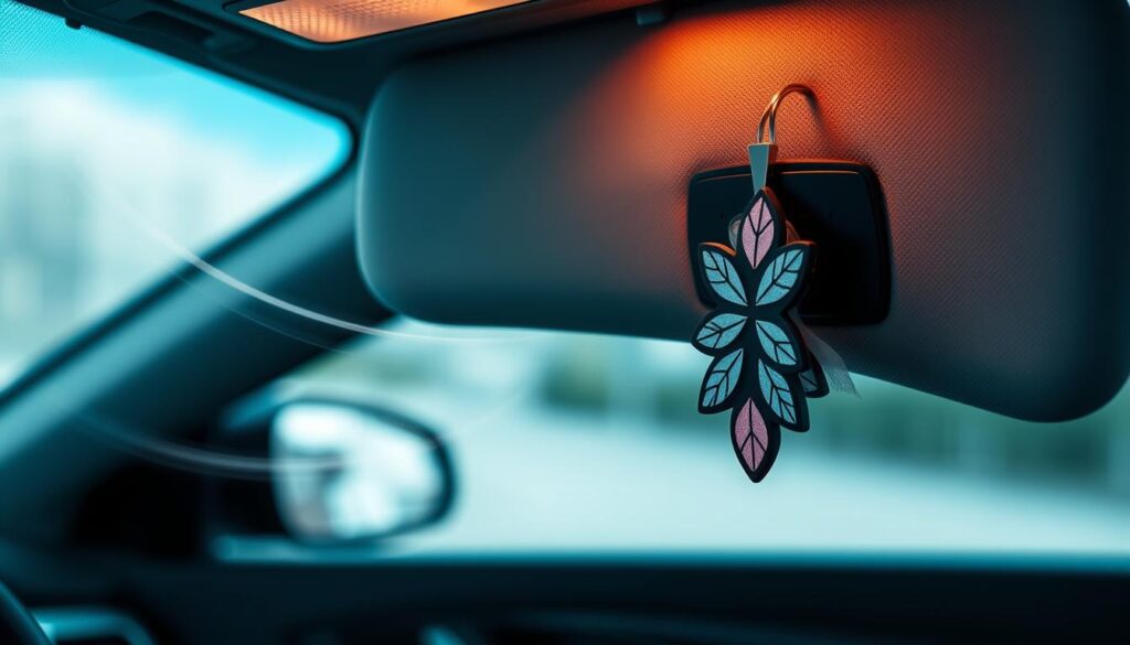 Generate an image of a sleek, modern car air freshener attached to a vehicle's visor, with a subtle scent diffusing into the air.