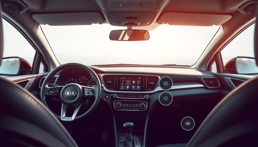 Generate an image of the Kia Forte's interior showcasing its advanced infotainment system and safety features.