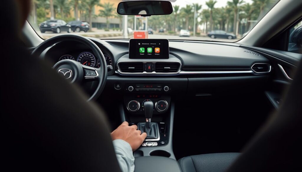 Generate an image of the Mazda3's interior, highlighting its infotainment system and premium cabin features.