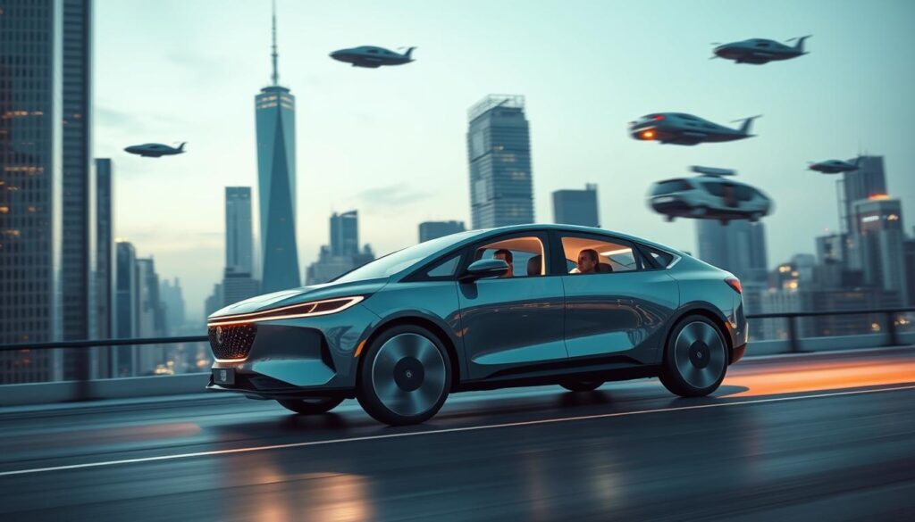 Sleek Car Nest sedan glides along a futuristic city skyline, its exterior gleaming with advanced sensors and intuitive touchscreens. Occupants relax in ergonomic seats, surrounded by ambient lighting and seamless digital interfaces. The vehicle's aerodynamic profile and subtle hover technology hint at efficient electric propulsion. In the background, towering skyscrapers and hovering autonomous vehicles paint a vision of a technologically-advanced yet affordable transportation future. Crisp, cinematic lighting accentuates the sedan's modern, streamlined design. The scene conveys a sense of effortless mobility and cutting-edge convenience within a Car Nest's accessible price point.