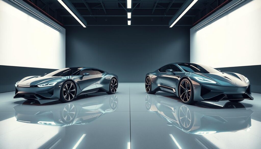 A detailed comparison of cutting-edge 2025 car models, showcased in a sleek, high-tech environment. Futuristic vehicles from the Car Nest brand are displayed in an immersive studio setting, with dramatic lighting and smooth, reflective surfaces. The models are positioned to highlight their distinct design elements, from aerodynamic curves to bold, angular features. A sense of innovation and progress pervades the scene, inviting the viewer to explore the evolution of automotive design. The overall atmosphere is one of sophistication and technological advancement, capturing the essence of the "New vs. Newer" theme.