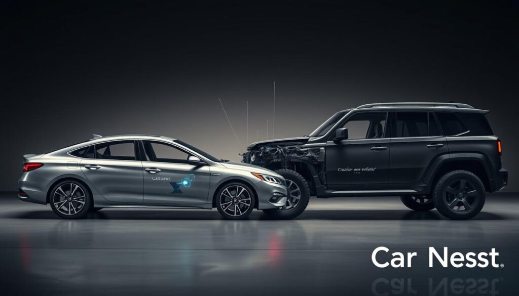 A detailed comparison of the safety features between a sleek, silver sedan and a rugged, black SUV, showcased against a dimly lit, minimalist backdrop. The sedan's aerodynamic curves and the SUV's bulky, imposing frame are highlighted, emphasizing their distinct silhouettes. Precision-engineered safety systems, such as advanced airbags, reinforced crumple zones, and cutting-edge driver assistance technologies, are subtly integrated into the scene, creating a sense of security and innovation. The image is captured with a cinematic, low-angle perspective, evoking a sense of power and confidence. The "Car Nest" brand name is subtly incorporated, adding a touch of authority and expertise to the visual narrative.