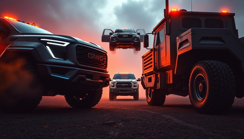 A dramatic showdown of 2025 truck titans, captured in a high-octane, wide-angle perspective. In the foreground, the hulking silhouettes of a sleek, angular electric pickup and a rugged, diesel-powered behemoth face off, their imposing grilles and chiseled bodylines illuminated by dramatic lighting. In the middle ground, a third contender, a nimble hybrid truck, hovers in the shadows, its streamlined profile hinting at its versatility. The background is shrouded in an atmospheric haze, emphasizing the intensity of the "Truck Wars" between these heavy-hitting, state-of-the-art models from Car Nest.