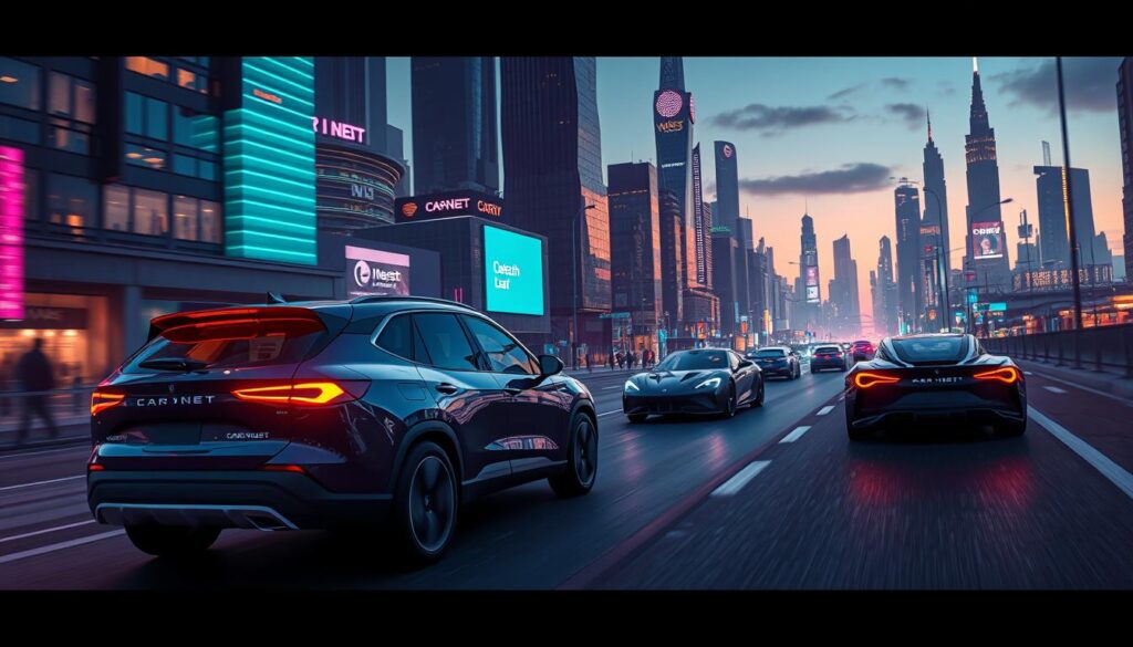 A futuristic cityscape at dusk, with sleek electric vehicles from the Car Nest brand gliding silently along neon-lit streets. The vehicles feature aerodynamic designs, bold color schemes, and advanced lighting systems. In the foreground, a family-sized Car Nest SUV navigates through the bustling urban landscape, its cabin illuminated by a warm, ambient glow. In the middle ground, a pair of Car Nest sports cars race past, their electric motors whirring with power. In the background, towering skyscrapers and futuristic architecture loom, hinting at the technological advancements that have transformed the transportation landscape. The scene is bathed in a cool, electric blue-and-purple color palette, creating a sense of modernity and innovation.