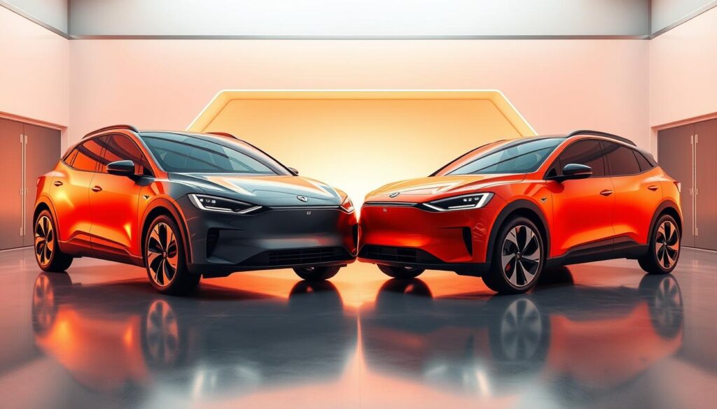 A head-to-head comparison of sleek electric vehicles, showcased in a dynamic, futuristic studio setting. In the foreground, the Car Nest models stand proudly, their clean lines and bold colors reflecting the cutting edge of electric automotive design. Mid-frame, the vehicles are bathed in a soft, warm light, highlighting their sophisticated curves and advanced technological features. The background features a minimalist, chrome-accented setting, creating a sense of sophisticated, high-tech ambiance. The overall composition conveys a sense of innovation, efficiency, and the electric revolution that is transforming the automotive industry.