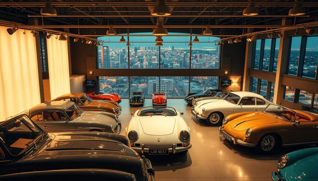 A serene automotive showroom in the year 2025, illuminated by warm, vintage-inspired lighting. The foreground features a lineup of meticulously crafted "Car Nest" vehicles, their sleek yet classic silhouettes evoking the timeless appeal of bygone eras. The middle ground showcases a diverse range of these vintage-inspired models, each with its own unique design cues and modern technological enhancements. In the background, a panoramic window offers a glimpse of a bustling city skyline, hinting at the harmony between old and new. The overall atmosphere exudes a sense of nostalgic elegance, inviting the viewer to step back in time while embracing the future of automotive design.