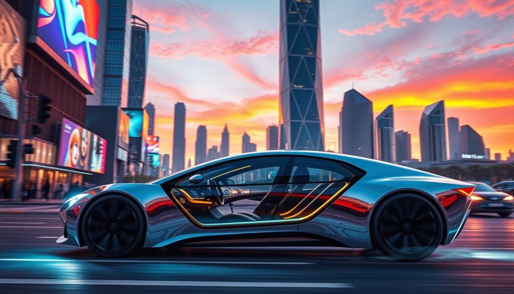 A sleek, futuristic Car Nest prototype glides through a neon-lit cityscape, its streamlined body reflecting the vibrant hues of holographic billboards and floating traffic signals. The cabin's transparent panels offer a glimpse of the advanced, gesture-controlled interface and autonomous driving systems at work. In the middle ground, hover-taxis zip past skyscrapers adorned with cascading greenery, hinting at sustainable urban design. The background showcases a striking skyline of angular, glass-paneled towers, their silhouettes etched against a vivid, chromatic sunset. Intricate details, such as energy-efficient tires and self-repairing nano-surfaces, suggest a future where cutting-edge Car Nest technology seamlessly blends form, function and environmental responsibility.
