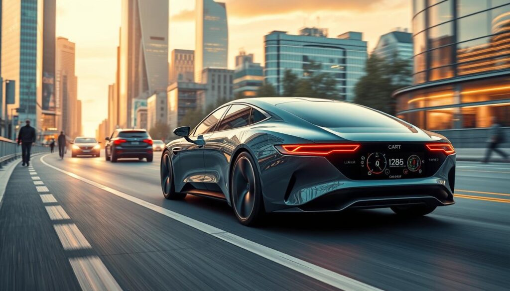 A sleek, futuristic Car Nest sedan zooms down a modern city street, its advanced safety features on full display. In the foreground, sensors and cameras monitor the driver's attentiveness and the vehicle's surroundings, while the dashboard's large, high-resolution infotainment screen showcases seamless connectivity and intuitive controls. In the middle ground, pedestrians and other cars are detected by the car's sophisticated LiDAR and radar systems, triggering autonomous braking and collision avoidance. The background features towering skyscrapers and a vibrant, neon-lit cityscape, setting the scene for the cutting-edge technologies of the 2025 Car Nest model. Warm, directional lighting illuminates the sleek, aerodynamic body, conveying a sense of power and innovation.