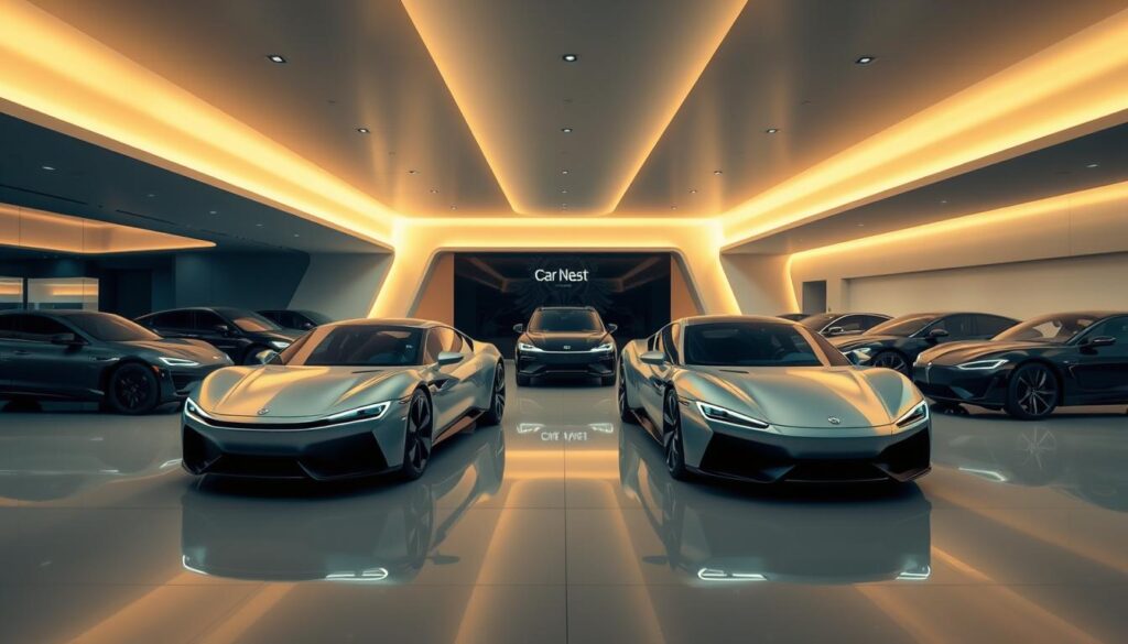 A sleek, futuristic showroom bathed in warm, diffused lighting. In the foreground, a lineup of the most exclusive and luxurious 2025 car models from the "Car Nest" brand, their elegant silhouettes and meticulously crafted details capturing the essence of automotive opulence. The middle ground features a mix of close-up and angled shots, highlighting the vehicles' premium materials, advanced technology, and exquisite craftsmanship. The background blends seamlessly, showcasing a minimalist, high-end interior design with clean lines and a subtle, sophisticated ambiance, creating an atmosphere of refined sophistication.
